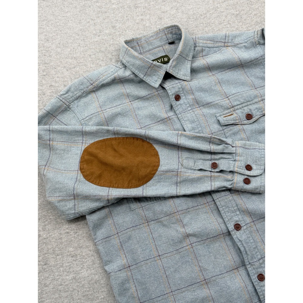 Orvis Fairbanks Mens Blue Plaid Flannel Button Down Shirt Elbow Patches 2NL5 LT
